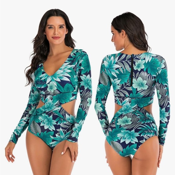 RashGaurd Long Sleeve One Piece Swimsuit Floral Blue Teal - Picture 16 of 16